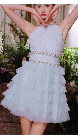 Floral Embellished Short Blue Tiered Graduation Dress KSP663