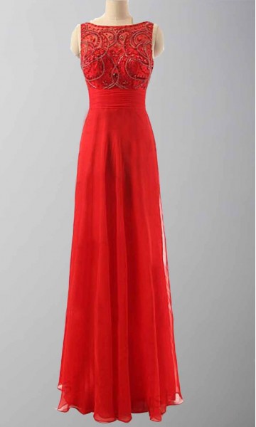 Red Jeweled High Neck Cinched Long Formal Dress KSP378