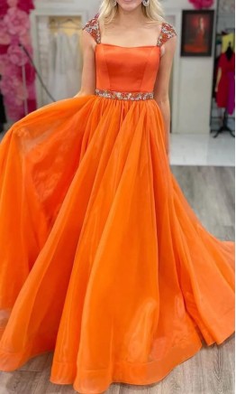 Beaded Cap Sleeves Long Orange Organza Prom Gown KSP653