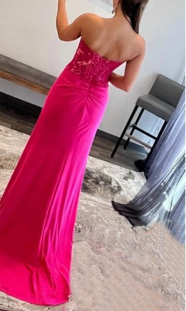 Fuchsia Pink Satin Sheath Prom Dress Slit with Sheer Bodice KSP668