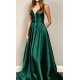 Cinched Emerald Green Satin Prom Gowns with Pocket KSP667