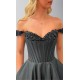 Black Off-Shoulder Satin Prom Dress with Pockets KSP670