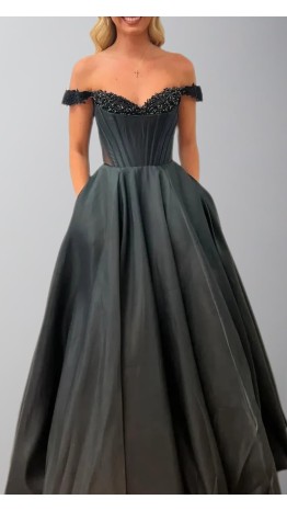 Black Off Shoulder Satin Prom Dresses with Pockets KSP670