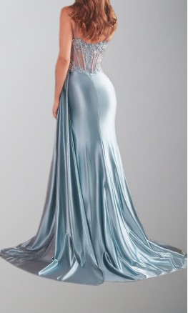 Electric Blue Sheer Corset Ruched Prom Dress with Slit KSP662