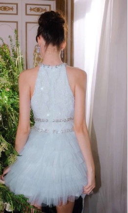 Main: Short royal blue tiered graduation dress with floral bodice front view