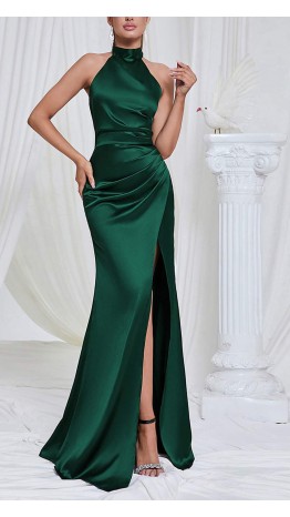 Dark Green Halter Sheath Ruched Long Bridesmaid Dresses KSP674