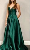 Cinched Emerald Green Satin Prom Gowns with Pocket KSP667