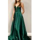 Cinched Emerald Green Satin Prom Gowns with Pocket KSP667