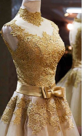 Golden Vintage Princess High Neck Short Prom Dresses KSP320