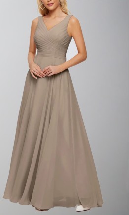 Long taupe brown ruched bridesmaid dress with V-neck and supportive straps KSP658