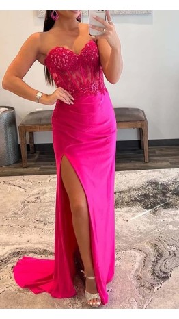 Fuchsia Pink Satin Sheath Prom Dress Slit with Sheer Bodice KSP668