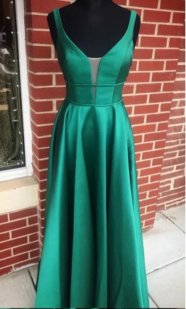 Cinched Emerald Green Satin Prom Gowns with Pocket KSP667
