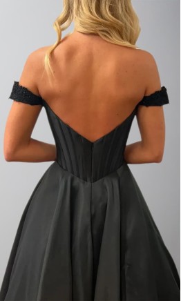 Black Off Shoulder Satin Prom Dresses with Pockets KSP670