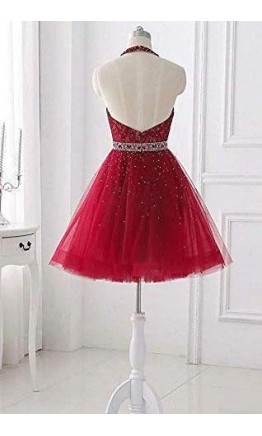 Halter Keyhole Red Short Prom Dress with Sexy Open Back KSP654