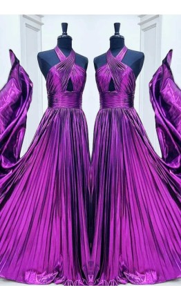 Metallic purple halter prom dress with waist cutout and slit front view