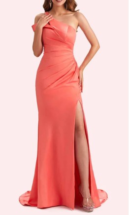 Long coral one-shoulder mermaid formal dress with high leg slit KSP661