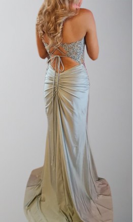 Sage Green Sheer Bodice Ruched Prom Dress with Slit KSP665