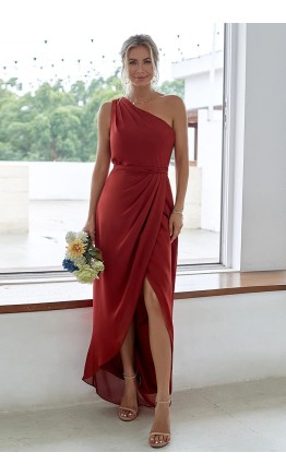 Taupe one-shoulder wrapped bridesmaid dress with high slit front view