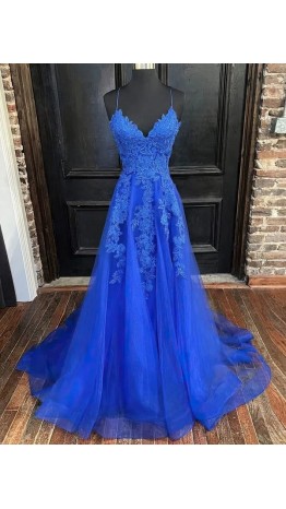 Sapphire Blue Prom Dresses Long With Spaghetti Straps KSP669
