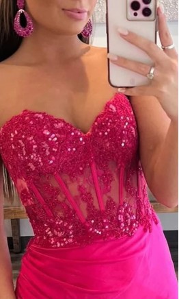 Fuchsia Pink Satin Sheath Prom Dress with Sheer Bodice and Slit KSP668