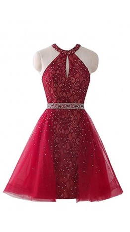 Halter Keyhole Red Short Prom Dresses with Open Back KSP654