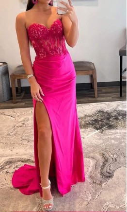 Fuchsia Pink Satin Sheath Prom Dress Slit with Sheer Bodice KSP668