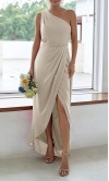 Taupe One Shoulder Wrapped Bridesmaid Dresses with Slit KSP659
