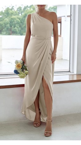 Taupe One Shoulder Wrapped Bridesmaid Dresses with Slit KSP659