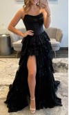 Black Strapless Corset Lace Layered Prom Dress with Slit KSP693