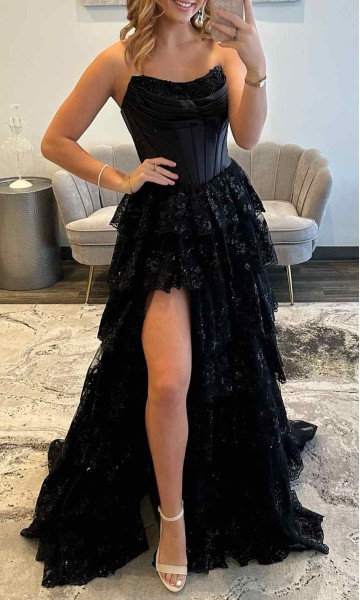 Black Strapless Corset Lace Layered Prom Dress with Slit KSP693