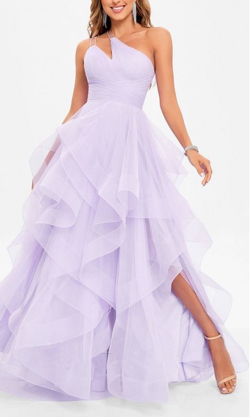 Lilac One Shoulder Keyhole Layered Tulle Prom Dress KSP677