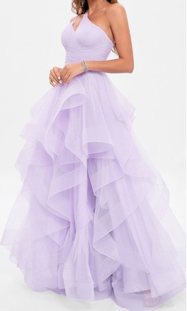Lilac one-shoulder prom dress with layered tulle skirt and keyhole cutout