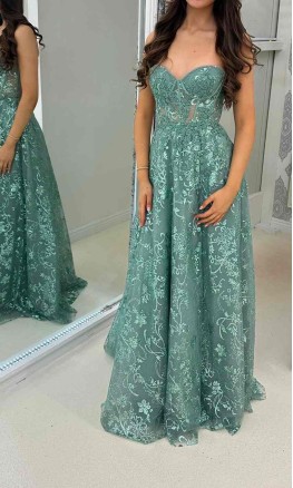 Sweetheart A-Line Lace Prom Dress with Sheer Corset & Long Slit  KSP696