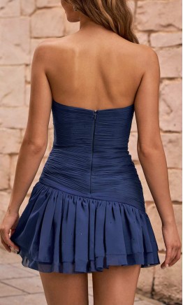Beaded Strapless Pleated Short Blue Graduation Dress With Drop Waist KSP680