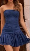 Beaded Strapless Pleated Short Blue Graduation Dress with Drop Waist KSP680
