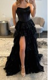 Black Strapless Corset Lace Layered Prom Dress with Slit KSP693