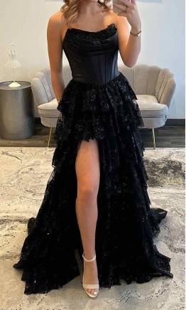 Black Strapless Corset Lace Layered Prom Dress with Slit KSP693