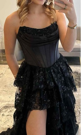 Black strapless corset prom dress with layered lace skirt and slit