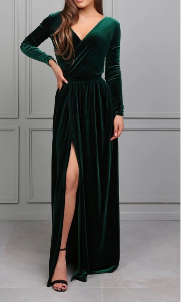Emerald Green Velvet Drapped Long Sleeves Bridesmaid Dress with Slit KSP685