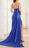 V-neck Powder Blue Satin Ruched Prom Dress With Thigh Slit KSP683