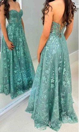 Sweetheart A-line Lace Embellished Long Slit Prom Dress with Sheer Corset KSP696