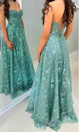 Sweetheart A-Line Lace Prom Dress with Sheer Corset & Long Slit  KSP696