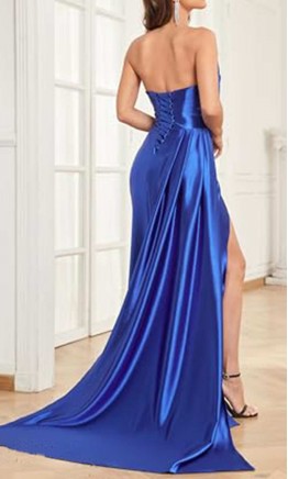 V-neck Powder Blue Satin Ruched Prom Dress with Thigh Slit KSP683