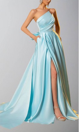 Light Blue Asymmetric Strapless Prom Ball Gowns with Pockets KSP687