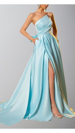 Light Blue Asymmetric Strapless Prom Ball Gowns with Pockets KSP687
