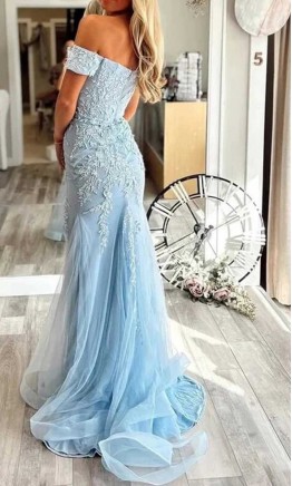 Light Blue Off the Shoulder Appliqued Mermaid Prom Dress Slit KSP688