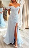 Light Blue Off the Shoulder Appliqued Mermaid Prom Dress Slit KSP688