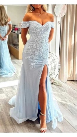 Light Blue Off The Shoulder Appliqued Mermaid Prom Dress Slit KSP688