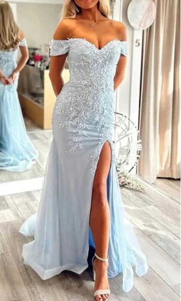 Light Blue Off the Shoulder Appliqued Mermaid Prom Dress Slit KSP688