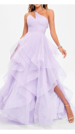 Lilac One Shoulder Keyhole Layered Tulle Prom Dress KSP677